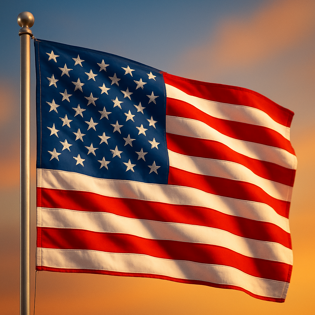 A waving American flag with stars and stripes, set against a colorful sky.
