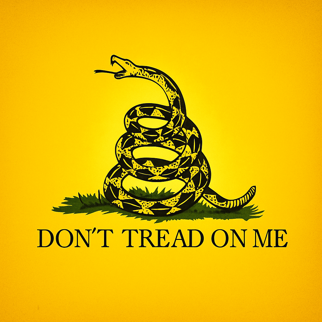 A yellow background featuring a coiled rattlesnake and the text 'DON'T TREAD ON ME' below it.
