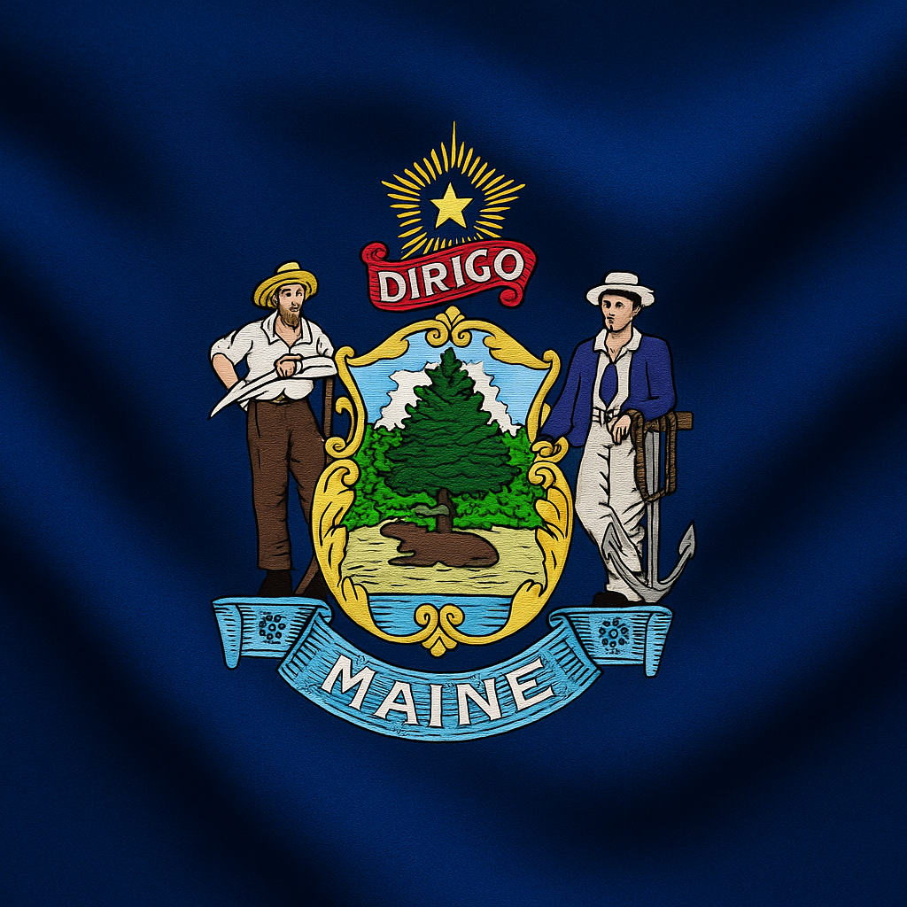 State seal of Maine featuring a farmer and a sailor on either side of a tree and a moose, with the word 'DIRIGO' and a star above.