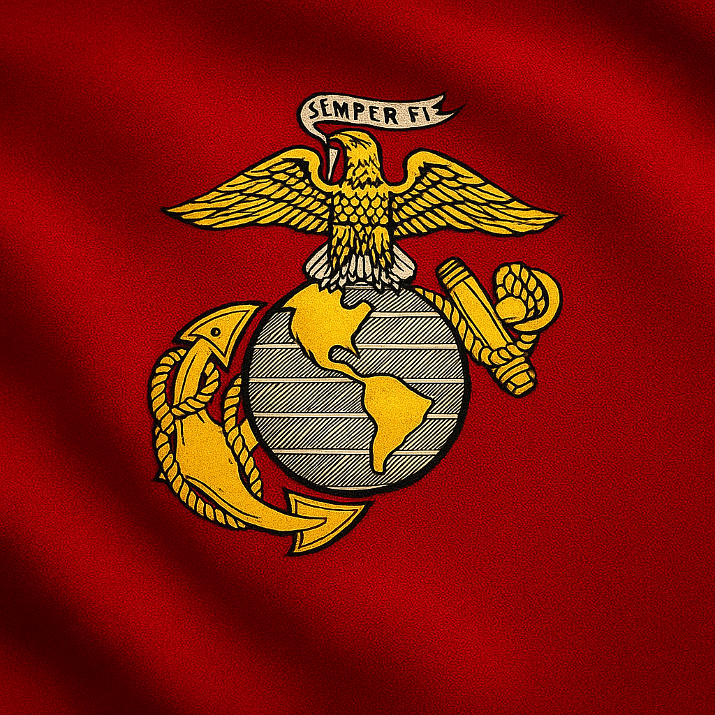 Red background featuring the emblem of the Marine Corps, which includes an eagle, globe, and anchor, symbolizing pride and service.